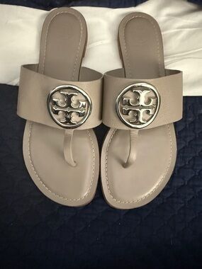 Tory Burch Taupe Leather Logo Toe-Post Sandals
